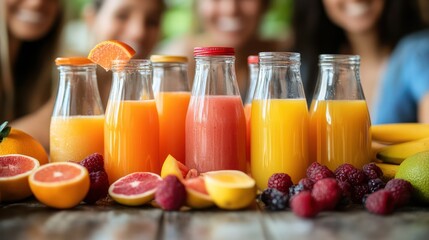 A group of people are smiling and holding up a variety of fruit juices