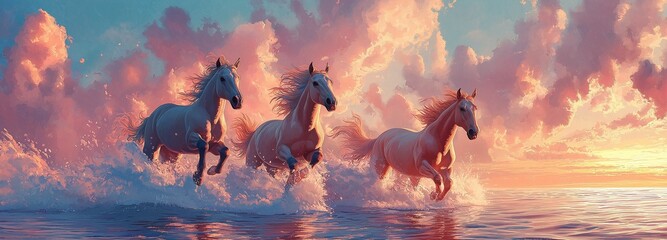 A stunning scene of horses galloping through the ocean surf against a backdrop of a vibrant, colorful sunset.
