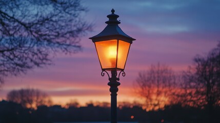 A vintage street lamp illuminated against a colorful sunset sky.