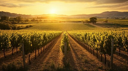 Fototapeta premium A picturesque vineyard at sunset, showcasing rows of grapevines and scenic hills.