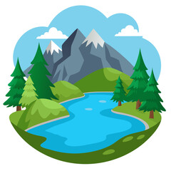 A scenic landscape featuring a winding river, green hills, evergreen trees, and snow-capped mountains under a blue sky with clouds