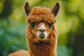 Obraz premium Portrait of brown color alpaca in open zoo or contact farm. Funny looking animal.
