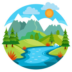 A vibrant landscape featuring green hills, a flowing river, tall pine trees, snow-capped mountains, and a sunny sky with clouds.