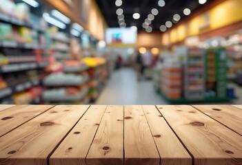 Obraz premium Empty wood table top with supermarket blurred background for product display 