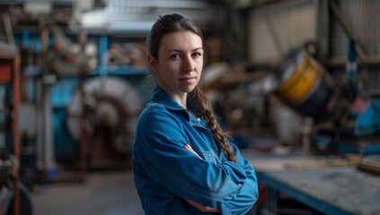 Fototapeta premium Female mechanic in blue workwear overalls stands with her arms crossed inside an industrial workshop Woman mechanical engineer demonstrating safety procedures in a workshop