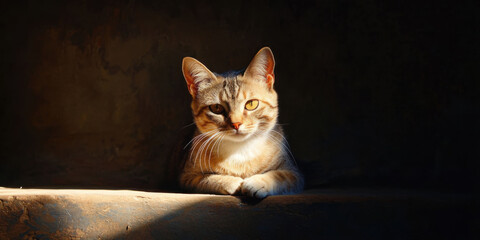 A serene cat sits gracefully in dimly lit space, its striking eyes illuminated by soft beam of light, creating captivating contrast against shadows