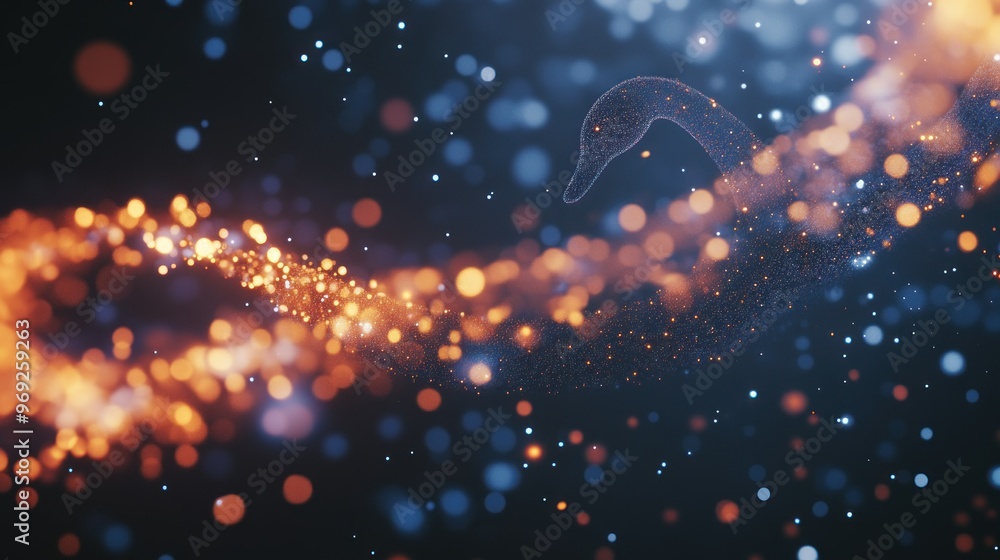 Poster a digital representation of a swan amidst a swirl of glowing particles.