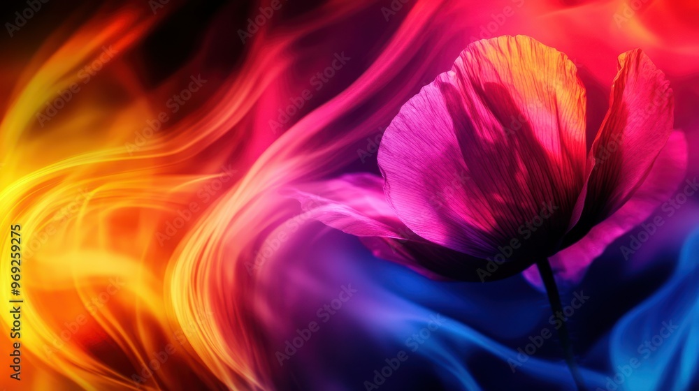 Poster A vibrant flower illuminated by colorful swirls of light, creating a dynamic visual effect.