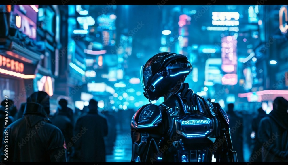 Poster a striking image of a futuristic robot standing in a neon-lit cyberpunk city street. the vibrant lig