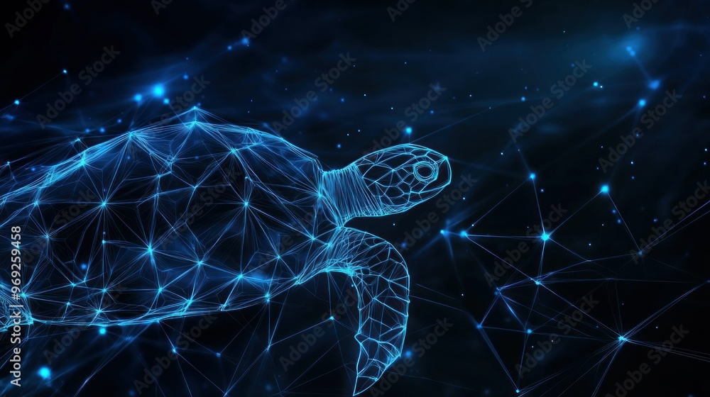 Aufkleber a digital representation of a turtle, showcasing a network of glowing lines and points.