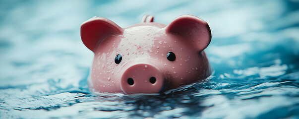 A playful pink piggy bank floating in water, symbolizing savings and financial dreams amidst a serene aquatic backdrop.