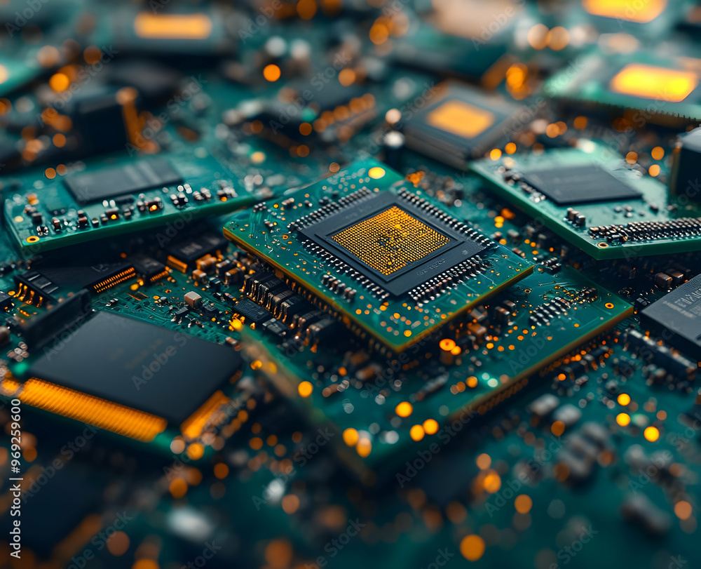 Poster close-up view of multiple circuit boards with microchips showcasing technology and innovation in ele
