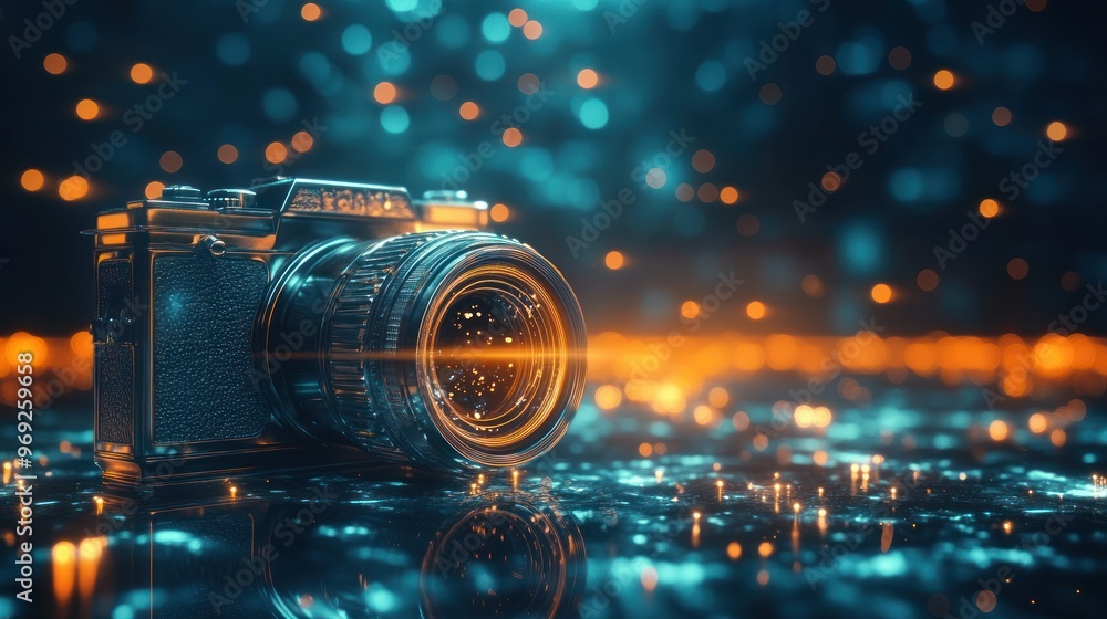 Poster a camera on a reflective surface with glowing bokeh lights in the background.