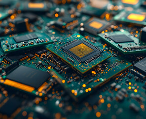 Obraz premium Close-up view of multiple circuit boards with microchips showcasing technology and innovation in electronics.