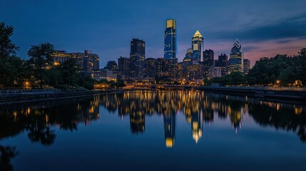 Fototapeta premium A serene urban skyline reflected in a calm river during twilight.