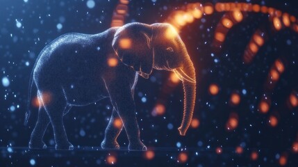 Fototapeta premium A glowing, ethereal elephant surrounded by sparkling lights in a mystical setting.