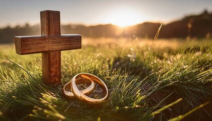 Gold Wedding Rigs with Wooden Cross on a hill of mountain. 