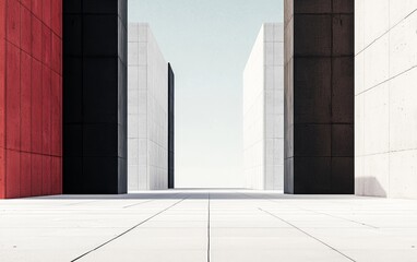 Fototapeta premium A Neo-Brutalist collage with symmetrical, fortress-like structures dominating an empty cityscape