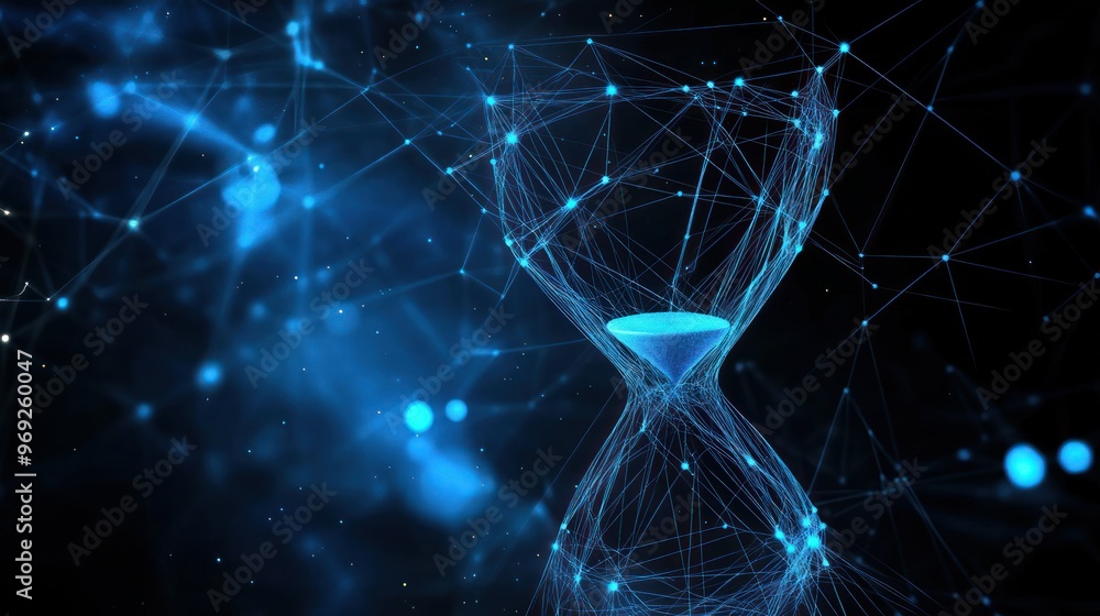 Poster a digital hourglass symbolizing time and connectivity through a network of light.