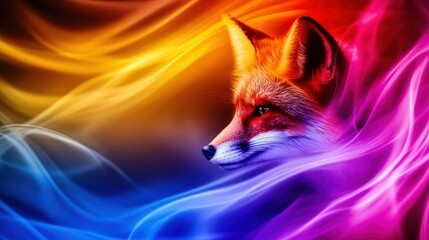 Obraz premium A vibrant, artistic depiction of a fox surrounded by colorful, flowing abstract waves.