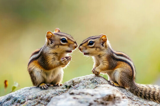 Two chipmunks on a rock, whispering. Concept of gossip with two wild chipmunks.