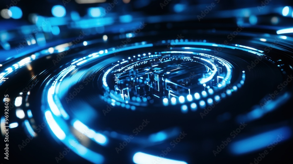 Poster a futuristic digital design featuring swirling blue light patterns and circular elements.