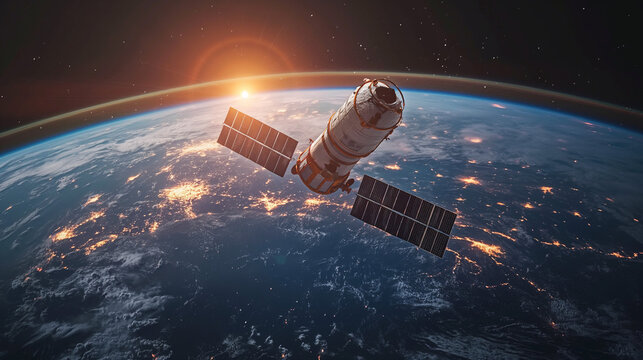 Satellite orbiting Earth with a visible sun horizon.