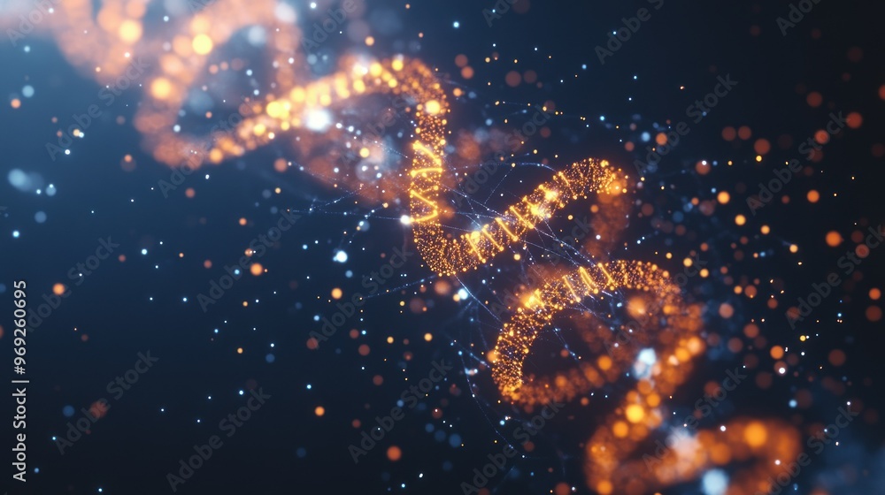 Poster abstract representation of dna strands with glowing particles and a vibrant background.
