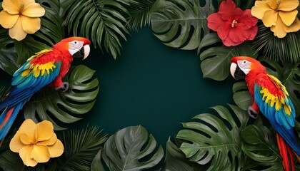 Fototapeta premium A tropical rain forest collage with exotic flowers, dense foliage, and vibrant parrots