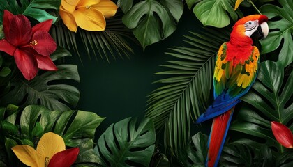Fototapeta premium A tropical rain forest collage with exotic flowers, dense foliage, and vibrant parrots