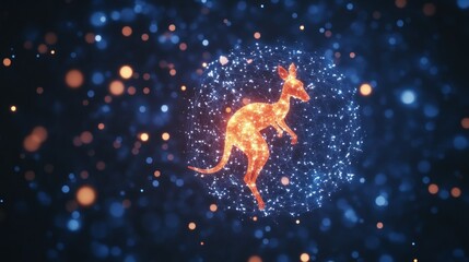 A glowing kangaroo silhouette surrounded by vibrant particles and lights.