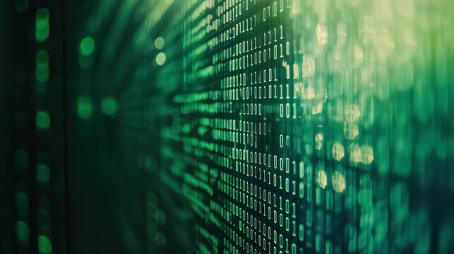 Abstract digital representation of binary code in green hues.
