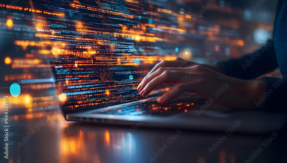 Poster close-up of a person typing on a laptop with illuminated code and data streams, symbolizing technolo
