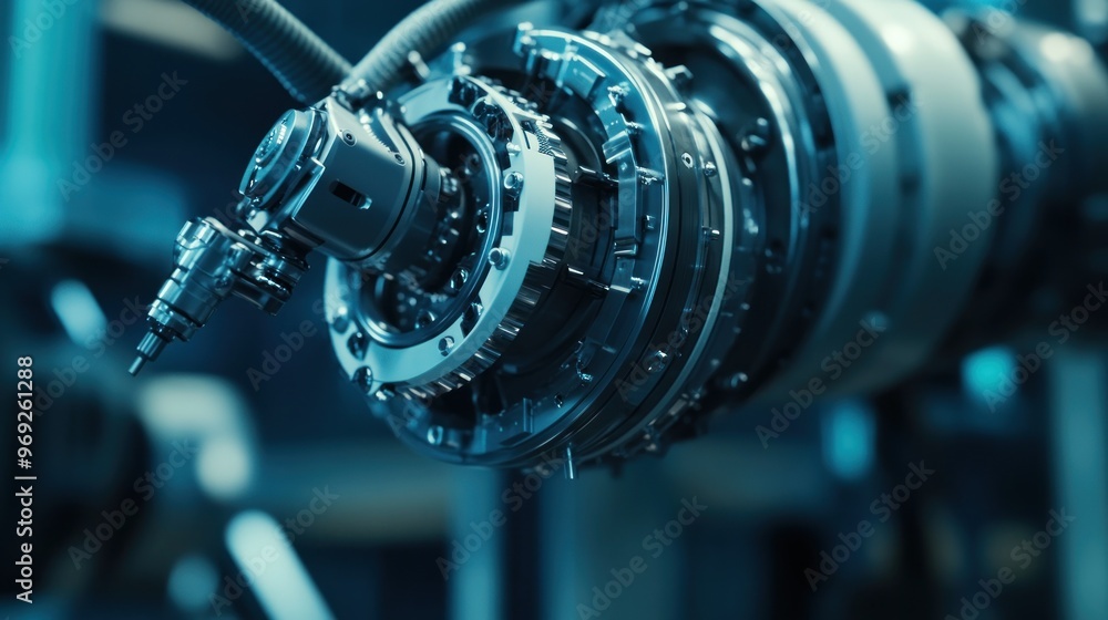 Poster close-up of a futuristic mechanical component, showcasing intricate design and engineering.