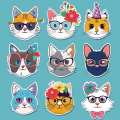 A sticker sheet showing cats with different accessories