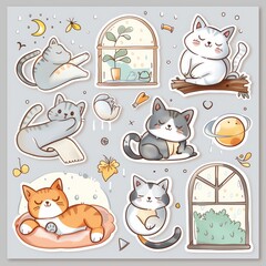 A sticker sheet featuring cats in cozy, relaxed poses,