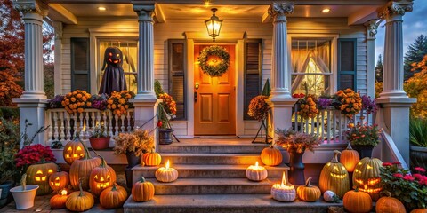 Black and orange embellishments transform a front porch into a haunted haven, beckoning trick-or-treaters with cryptic