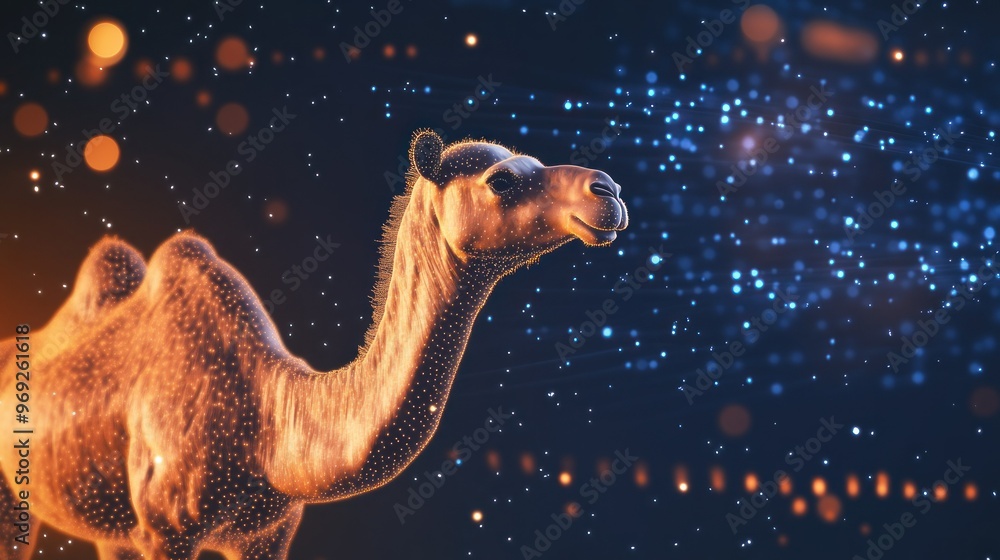 Poster a stylized camel against a backdrop of glowing particles.