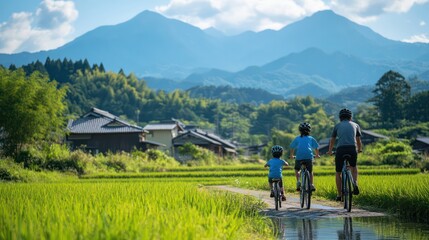 A family of three is riding bicycles through a field of rice