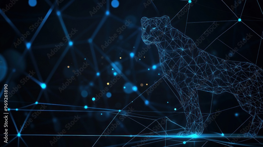 Poster a digital representation of a panther formed by interconnected lines and nodes.