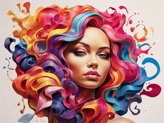 Fototapeta premium flat 2D illustration, spectacular elegant girl with colored hair looks straight ,AI generated