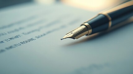 A close-up of a fountain pen resting on a sheet of paper with written text.