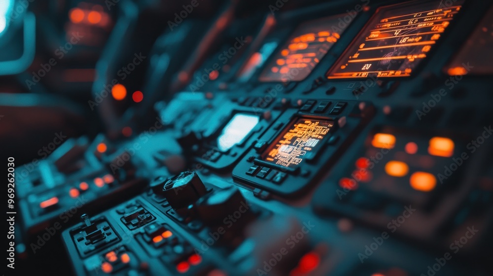 Poster a futuristic control panel with illuminated displays and buttons, suggesting advanced technology.