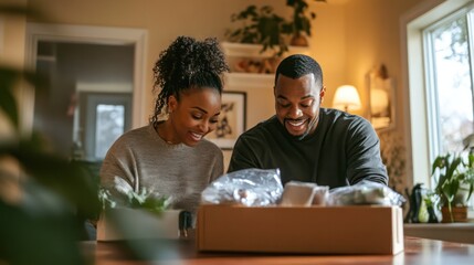 Fototapeta premium A man and woman are looking at a box on a table