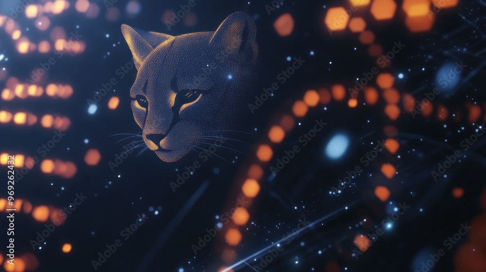 Poster a stylized depiction of a puma's head against a backdrop of glowing abstract patterns.