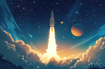 Rocket Launching into a Starry Sky with Smoke Trails for an Exciting Space Exploration Scene