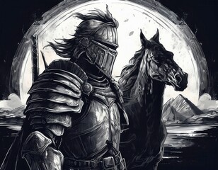 medieval knight with sword and horse illustration drawing. Generated image