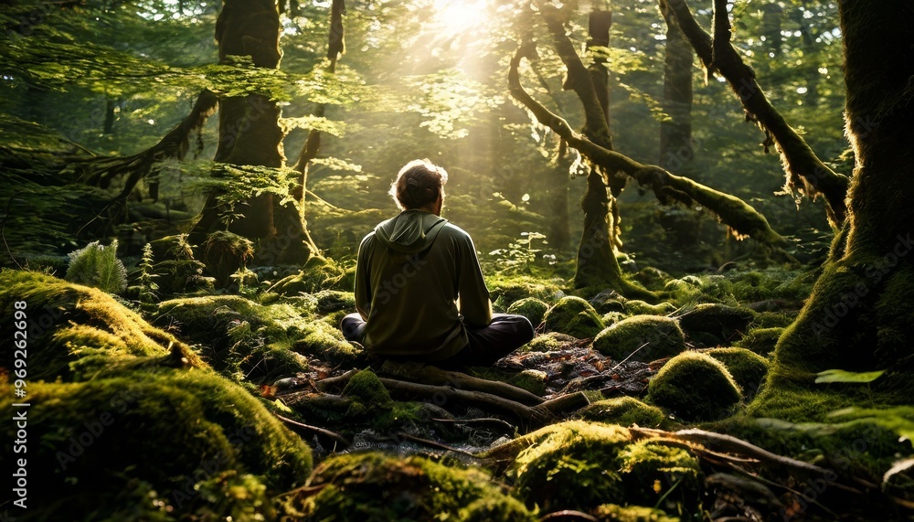 Poster a man meditates in a lush, green forest with rays of sunlight streaming through the trees. the peace