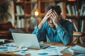 a man sitting at a desk, holding his head in his hands with a stressed expression