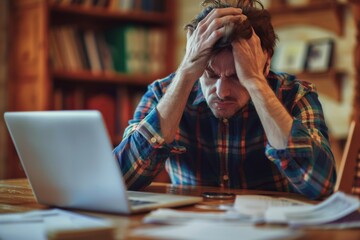 a man sitting at a desk, holding his head in his hands with a stressed expression